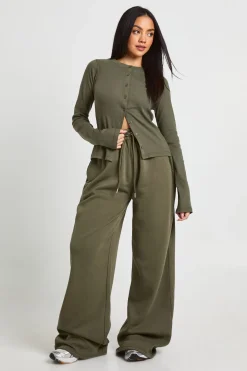 Ensemble de Jogging Haut à Manches Longues Côtelé Boutonné Taille Haute