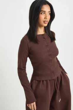 boohoo Ensemble de Jogging Petite Côtelé à Boutons Manches Longues<Femme Looks Chocolat|Survêtements