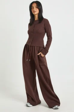 boohoo Ensemble de Jogging Petite Côtelé à Boutons Manches Longues<Femme Looks Chocolat|Survêtements