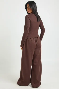 boohoo Ensemble de Jogging Petite Côtelé à Boutons Manches Longues<Femme Looks Chocolat|Survêtements