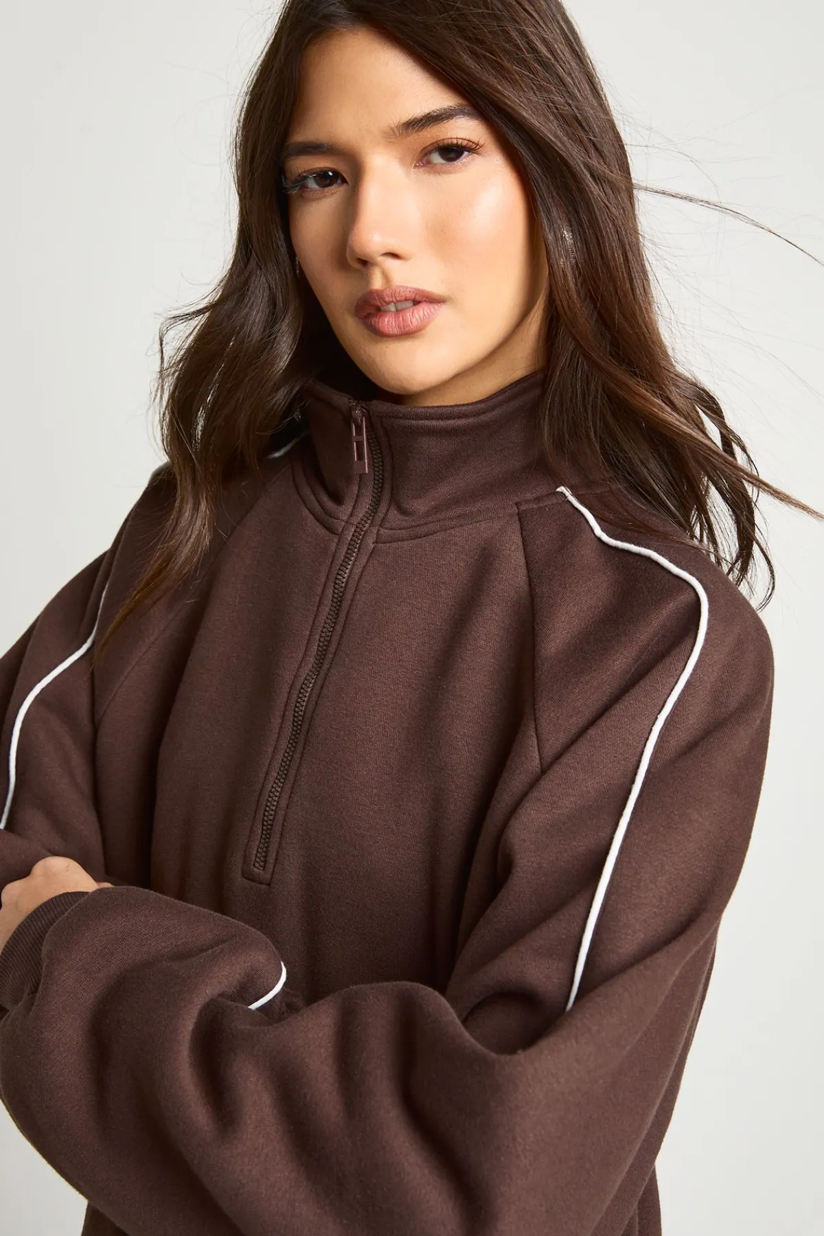 boohoo Ensemble de Jogging Sweat-shirt Demi-Zip Détail Passepoil<Femme Looks Chocolat|Survêtements