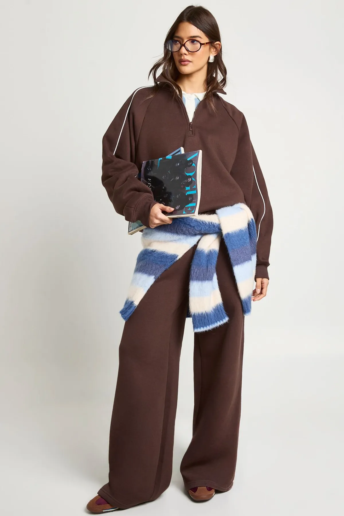 boohoo Ensemble de Jogging Sweat-shirt Demi-Zip Détail Passepoil<Femme Looks Chocolat|Survêtements