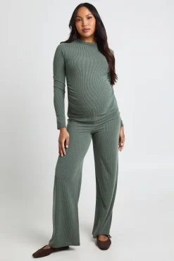 Ensemble De Maternité Haut Côtelé Bicolore À Manches Longues Et Pantalon Évasé