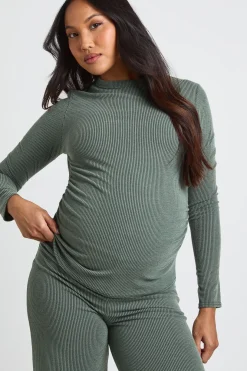 Ensemble De Maternité Haut Côtelé Bicolore À Manches Longues Et Pantalon Évasé