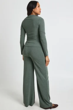 Ensemble De Maternité Haut Côtelé Bicolore À Manches Longues Et Pantalon Évasé
