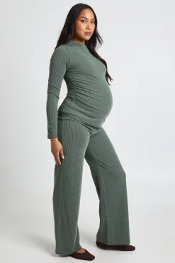 Ensemble De Maternité Haut Côtelé Bicolore À Manches Longues Et Pantalon Évasé