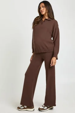 boohoo Ensemble de Maternité Synthétiquell à Col Boutonné et Pantalon Droit Coordonné<Femme Looks Chocolat|Ensembles