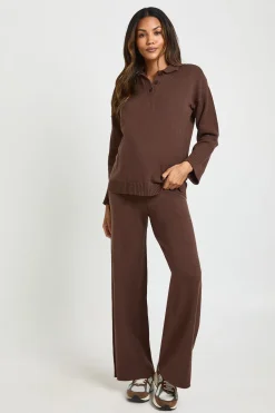 boohoo Ensemble de Maternité Synthétiquell à Col Boutonné et Pantalon Droit Coordonné<Femme Looks Chocolat|Ensembles