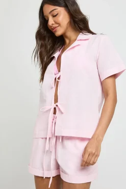 boohoo Ensemble De Plage Coordonné En Lin Avec Chemise À Nouer Devant<Femme Ensembles|Tenues De Plage