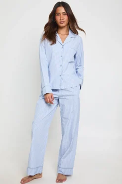 Ensemble De Pyjama Chemise À Manches Longues Et Pantalon En Popeline De Coton À Fines Rayures