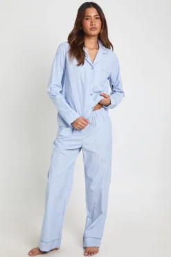 Ensemble De Pyjama Chemise À Manches Longues Et Pantalon En Popeline De Coton À Fines Rayures
