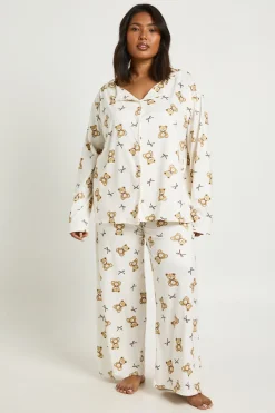 Ensemble De Pyjama Chemise À Manches Longues Et Pantalon Imprimé Ours Et Nœuds Grande Taille