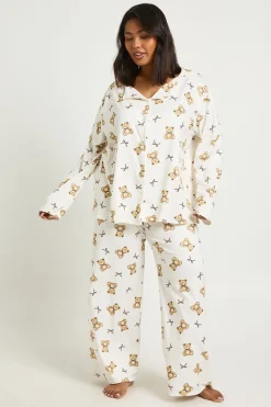 Ensemble De Pyjama Chemise À Manches Longues Et Pantalon Imprimé Ours Et Nœuds Grande Taille