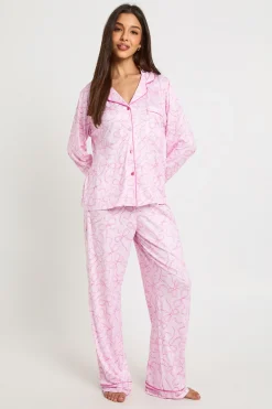 boohoo Ensemble De Pyjama Chemise À Manches Longues Et Pantalon À Motif Nœuds<Femme Pyjamas