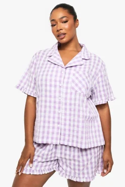 Ensemble de pyjama chemise à volant et pantalon en seersucker à carreaux