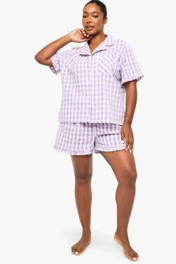 Ensemble de pyjama chemise à volant et pantalon en seersucker à carreaux
