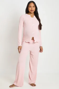 Ensemble De Pyjama De Maternité À Manches Longues Côtelé Avec Détail Nœud