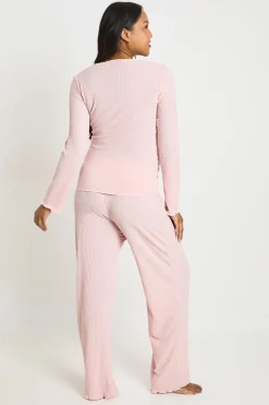Ensemble De Pyjama De Maternité À Manches Longues Côtelé Avec Détail Nœud