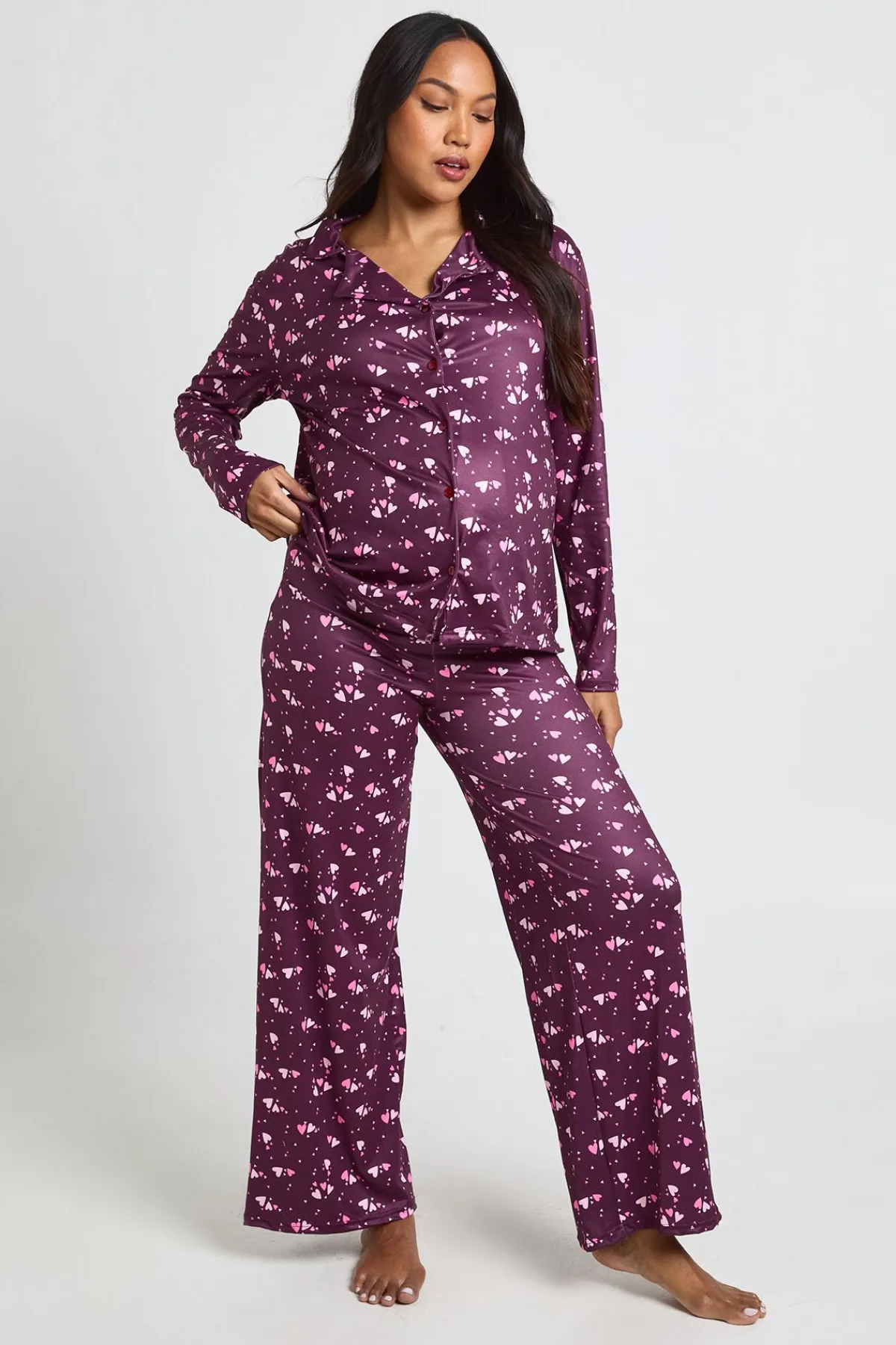boohoo Ensemble De Pyjama De Maternité Chemise À Manches Longues Et Pantalon Imprimé Cœurs<Femme Pyjamas