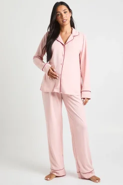 Ensemble De Pyjama De Maternité Chemise À Manches Longues Et Pantalon Avec Détails Passepoilés