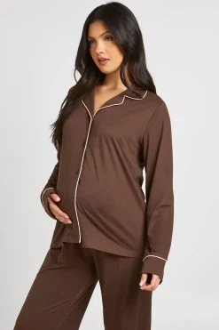 boohoo Ensemble De Pyjama De Maternité Chemise À Manches Longues Et Pantalon Avec Détails Passepoilés<Femme Pyjamas