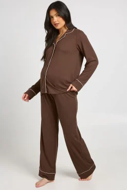boohoo Ensemble De Pyjama De Maternité Chemise À Manches Longues Et Pantalon Avec Détails Passepoilés<Femme Pyjamas