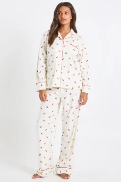 Ensemble De Pyjama Femme Assorti Famille En Polaire Avec Imprimé Cerises - Haut À Manches Longues Et Pantalon