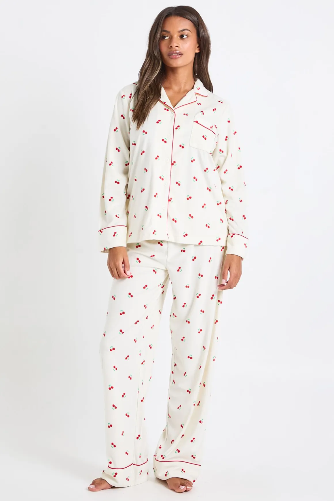Ensemble De Pyjama Femme Assorti Famille En Polaire Avec Imprimé Cerises - Haut À Manches Longues Et Pantalon