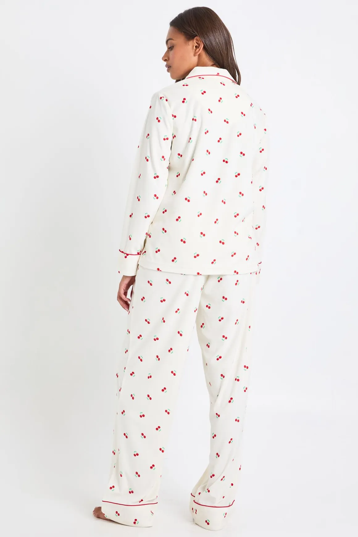 Ensemble De Pyjama Femme Assorti Famille En Polaire Avec Imprimé Cerises - Haut À Manches Longues Et Pantalon