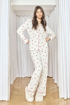 Ensemble De Pyjama Femme Assorti Famille En Polaire Avec Imprimé Cerises - Haut À Manches Longues Et Pantalon