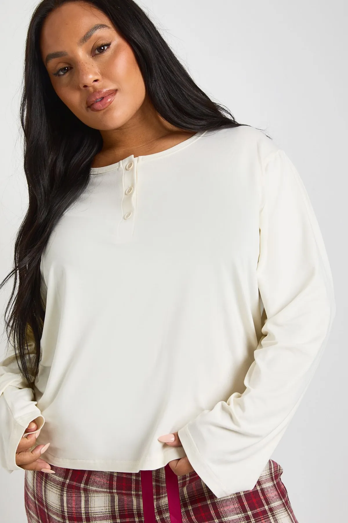 boohoo Ensemble De Pyjama Grande Taille Haut À Manches Longues Boutonné Et Pantalon À Carreaux Vichy Toucher Doux<Femme Pyjamas