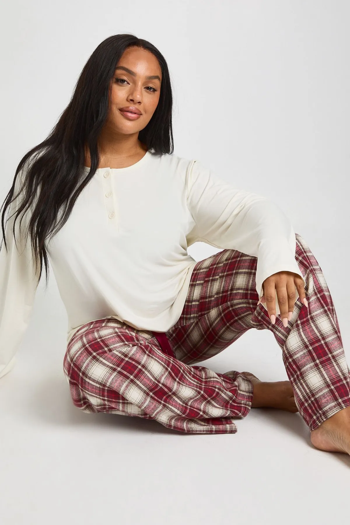 boohoo Ensemble De Pyjama Grande Taille Haut À Manches Longues Boutonné Et Pantalon À Carreaux Vichy Toucher Doux<Femme Pyjamas