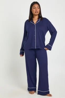 boohoo Ensemble De Pyjama Grande Taille En Jersey Avec Détails Passepoilés, Haut À Manches Longues Et Pantalon<Femme Pyjamas