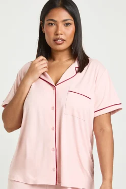Ensemble De Pyjama Grande Taille En Jersey Avec Passepoil, Manches Courtes Et Short