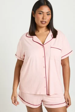 Ensemble De Pyjama Grande Taille En Jersey Avec Passepoil, Manches Courtes Et Short