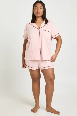Ensemble De Pyjama Grande Taille En Jersey Avec Passepoil, Manches Courtes Et Short