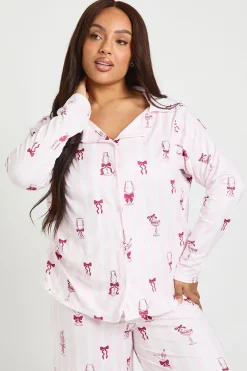 Ensemble De Pyjama Grande Taille Chemise À Manches Longues Et Pantalon À Rayures Motif Cocktail