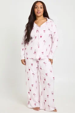 Ensemble De Pyjama Grande Taille Chemise À Manches Longues Et Pantalon À Rayures Motif Cocktail