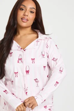 Ensemble De Pyjama Grande Taille Chemise À Manches Longues Et Pantalon À Rayures Motif Cocktail