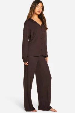 boohoo Ensemble De Pyjama Grande Taille Haut À Manches Longues & Pantalon<Femme Looks Chocolat|Pyjamas