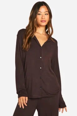 boohoo Ensemble De Pyjama Grande Taille Haut À Manches Longues & Pantalon<Femme Looks Chocolat|Pyjamas