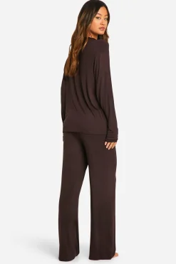 boohoo Ensemble De Pyjama Grande Taille Haut À Manches Longues & Pantalon<Femme Looks Chocolat|Pyjamas
