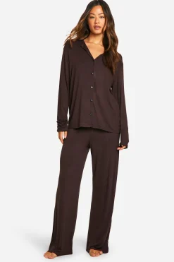 boohoo Ensemble De Pyjama Grande Taille Haut À Manches Longues & Pantalon<Femme Looks Chocolat|Pyjamas