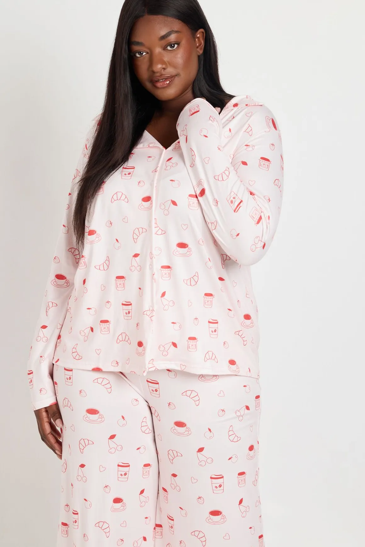 Ensemble De Pyjama Grande Taille À Manches Longues Et Pantalon Motif Croissant Et Confiture