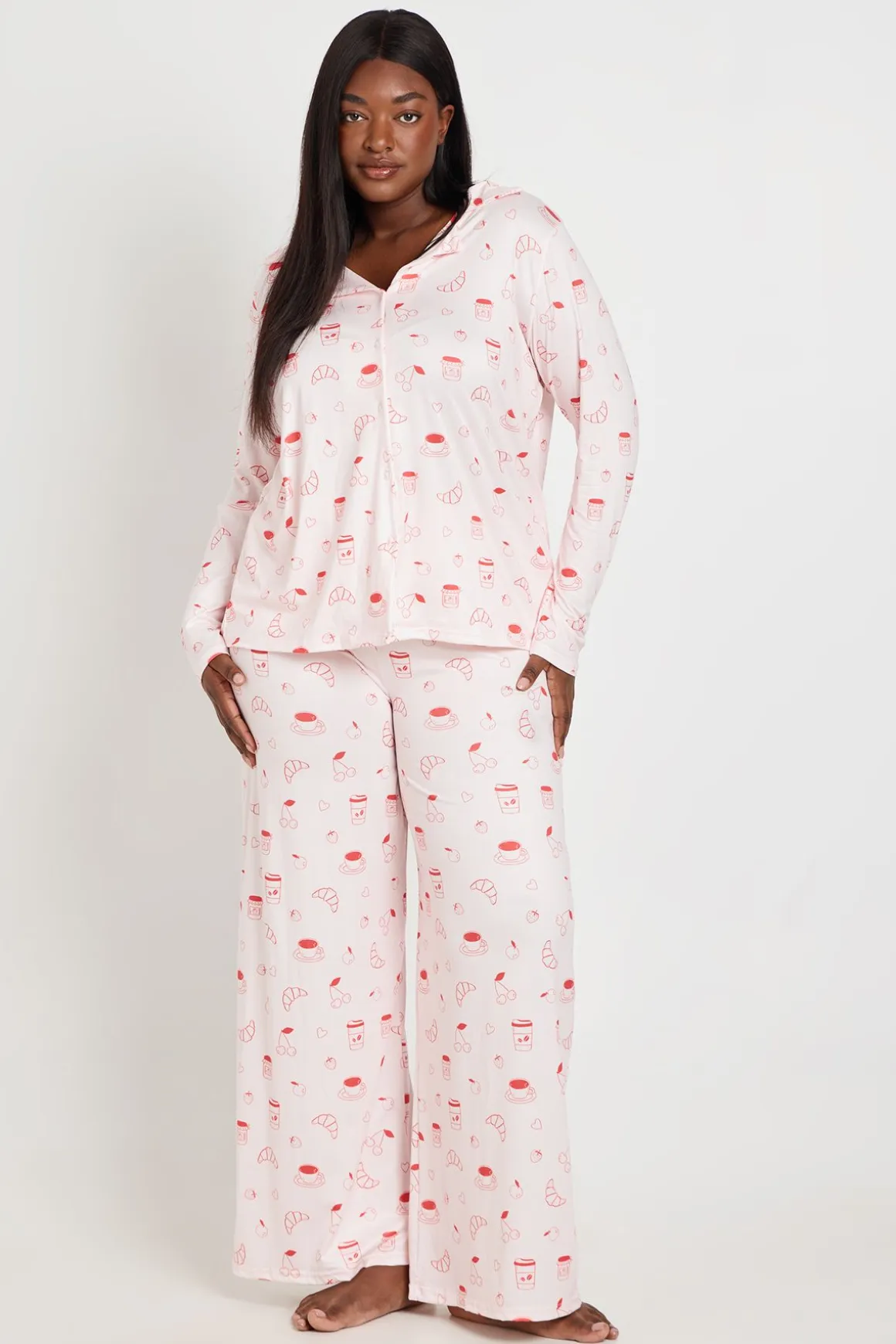 Ensemble De Pyjama Grande Taille À Manches Longues Et Pantalon Motif Croissant Et Confiture
