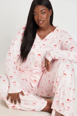 Ensemble De Pyjama Grande Taille À Manches Longues Et Pantalon Motif Croissant Et Confiture