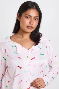Ensemble De Pyjama Grande Taille Chemise À Manches Longues Et Pantalon Imprimé Bonbons