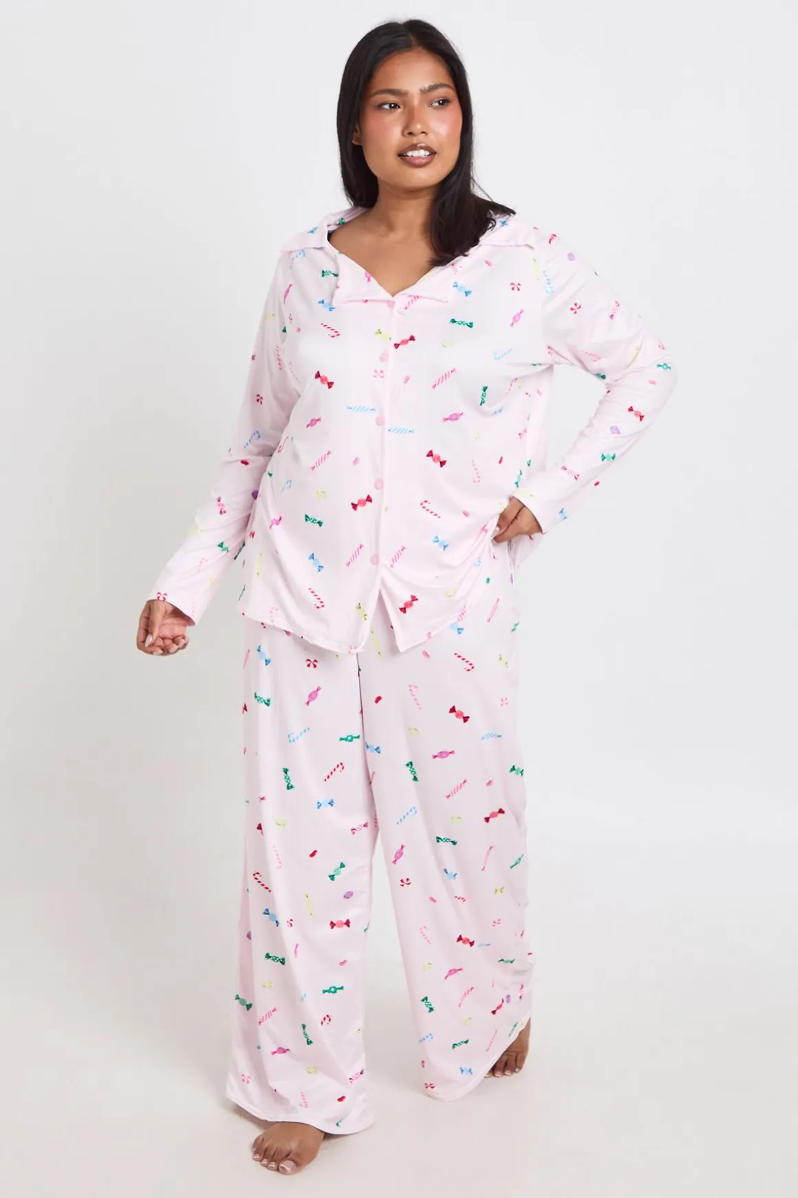 Ensemble De Pyjama Grande Taille Chemise À Manches Longues Et Pantalon Imprimé Bonbons
