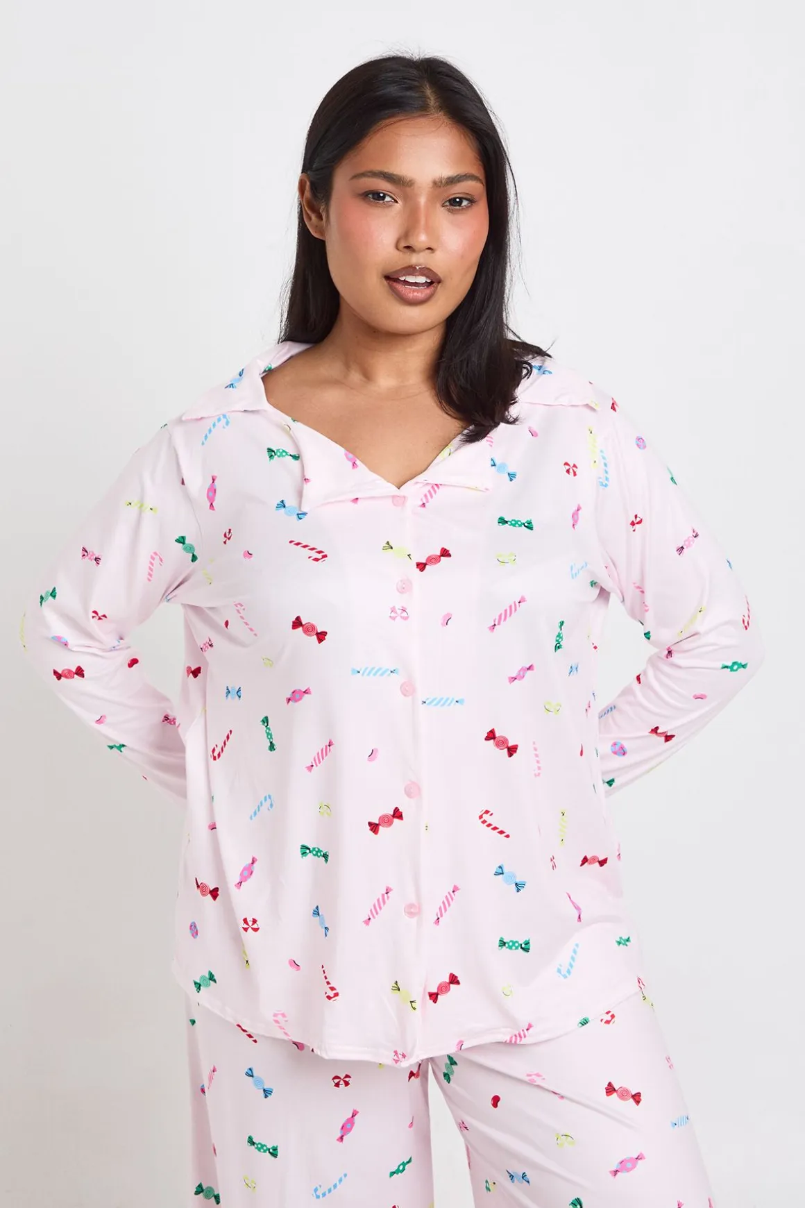 Ensemble De Pyjama Grande Taille Chemise À Manches Longues Et Pantalon Imprimé Bonbons