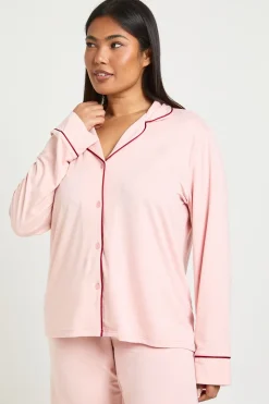 boohoo Ensemble De Pyjama Grande Taille En Jersey Avec Détails Passepoilés, Haut À Manches Longues Et Pantalon<Femme Pyjamas
